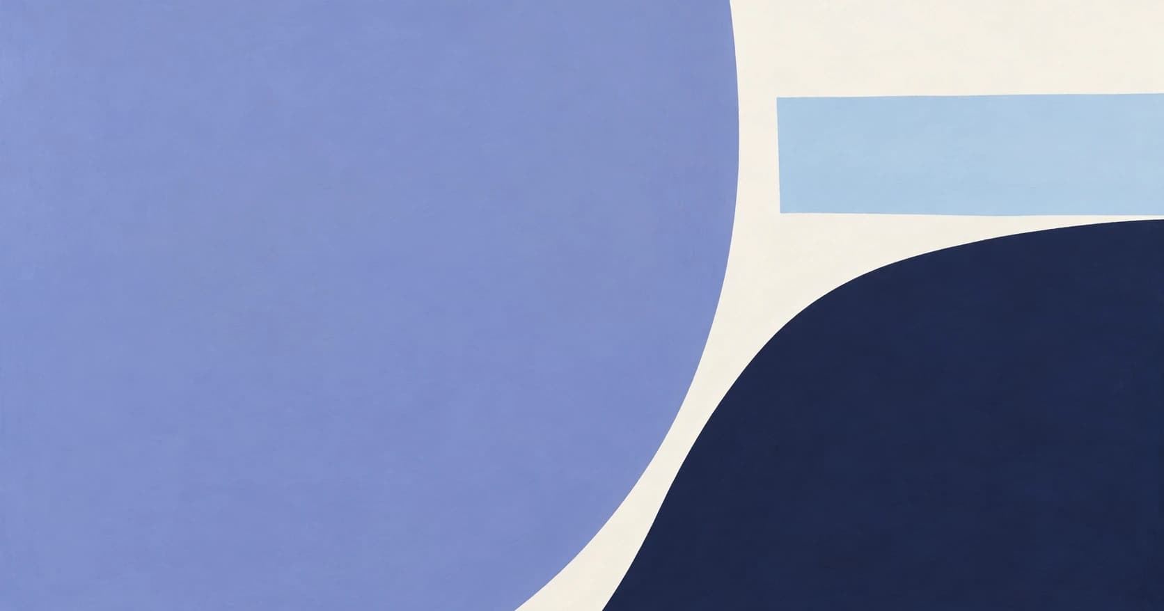 Abstract painting of a periwinkle disc and a navy curve meeting across a cream field, crossed by a pale blue bar
